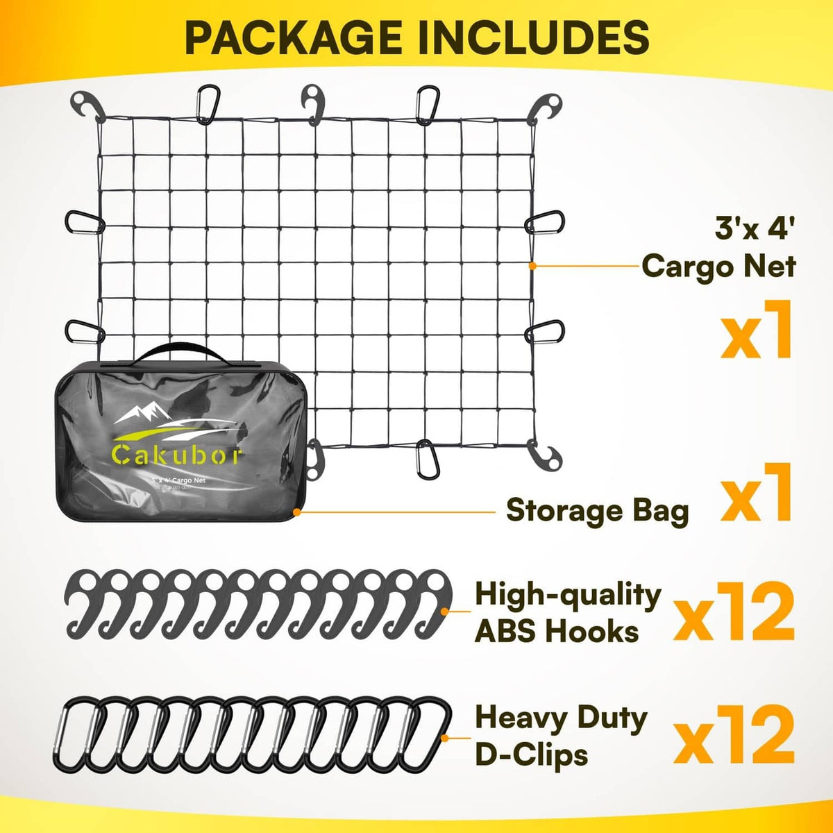 Truck bed cargo net kit with storage bag, ABS hooks and D-clips, black mesh