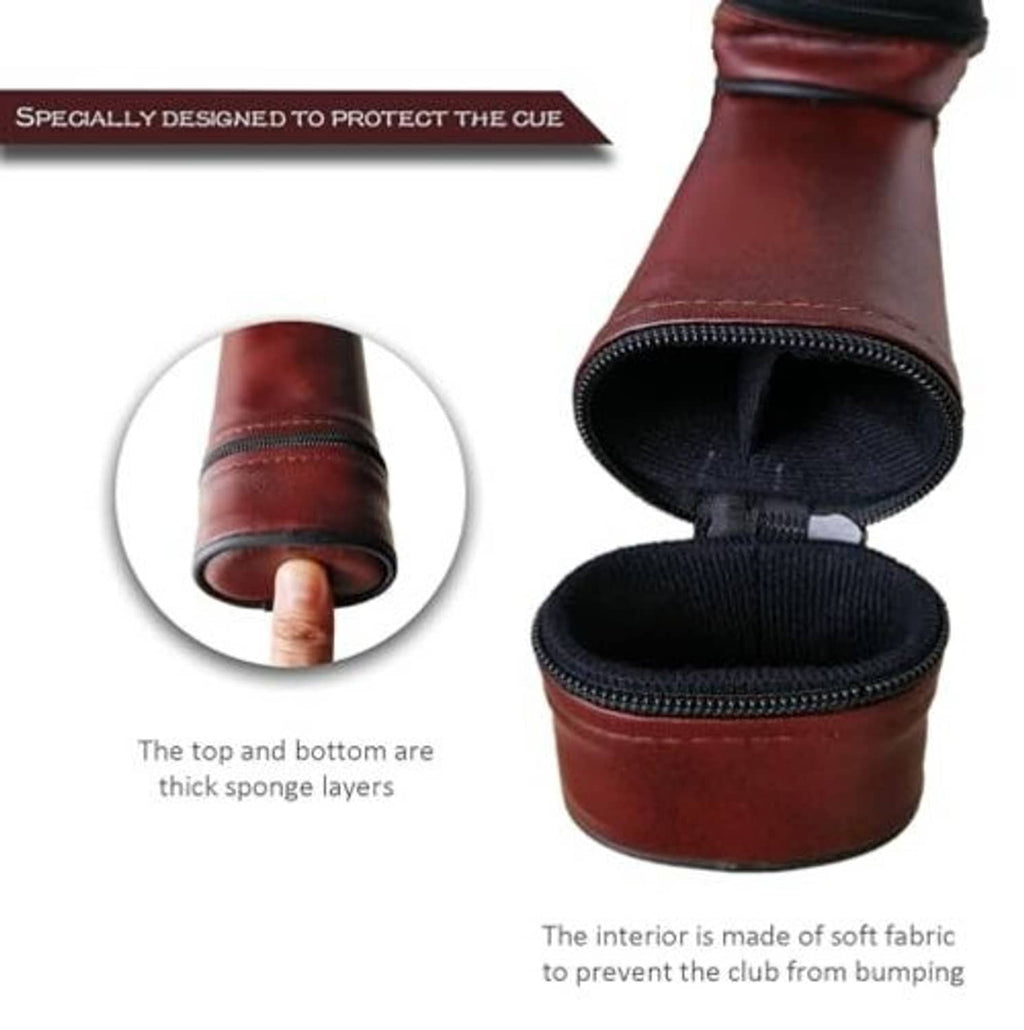 Hard cue case with open maroon end showing soft fabric-lined interior padding.