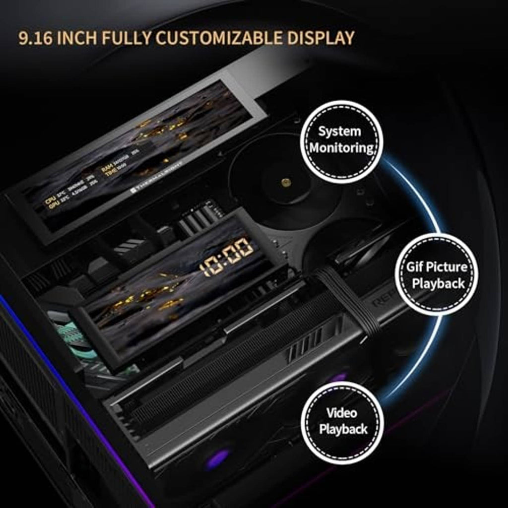 Gaming PC case with 9.16-inch magnetic display and system monitoring screen