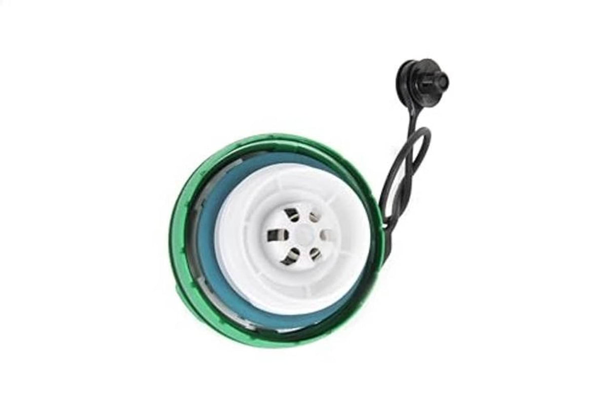 Green fuel tank filler cap underside with white gasket and black tether cord