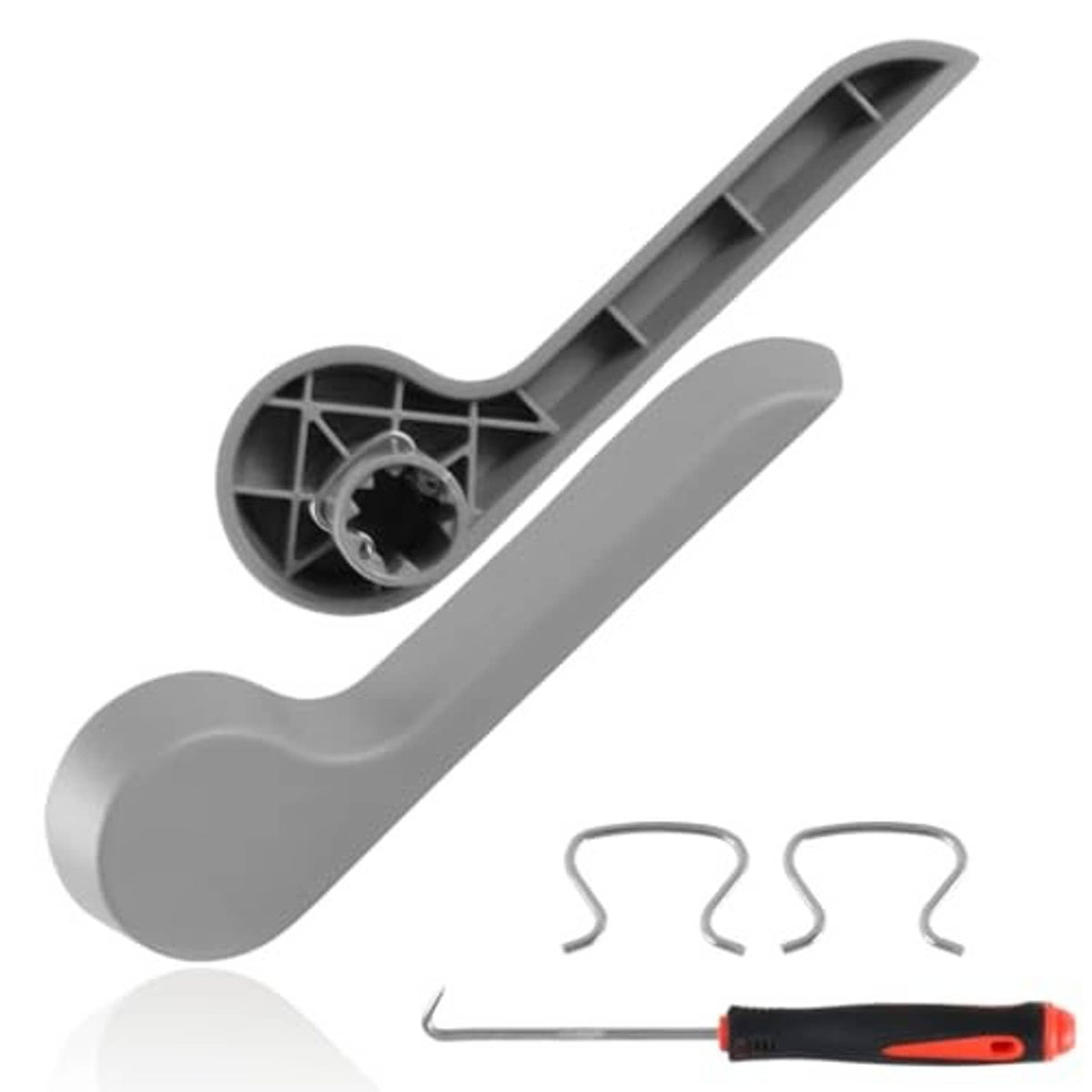 Gray seat recliner handle lever, angled view with mounting stem and clips