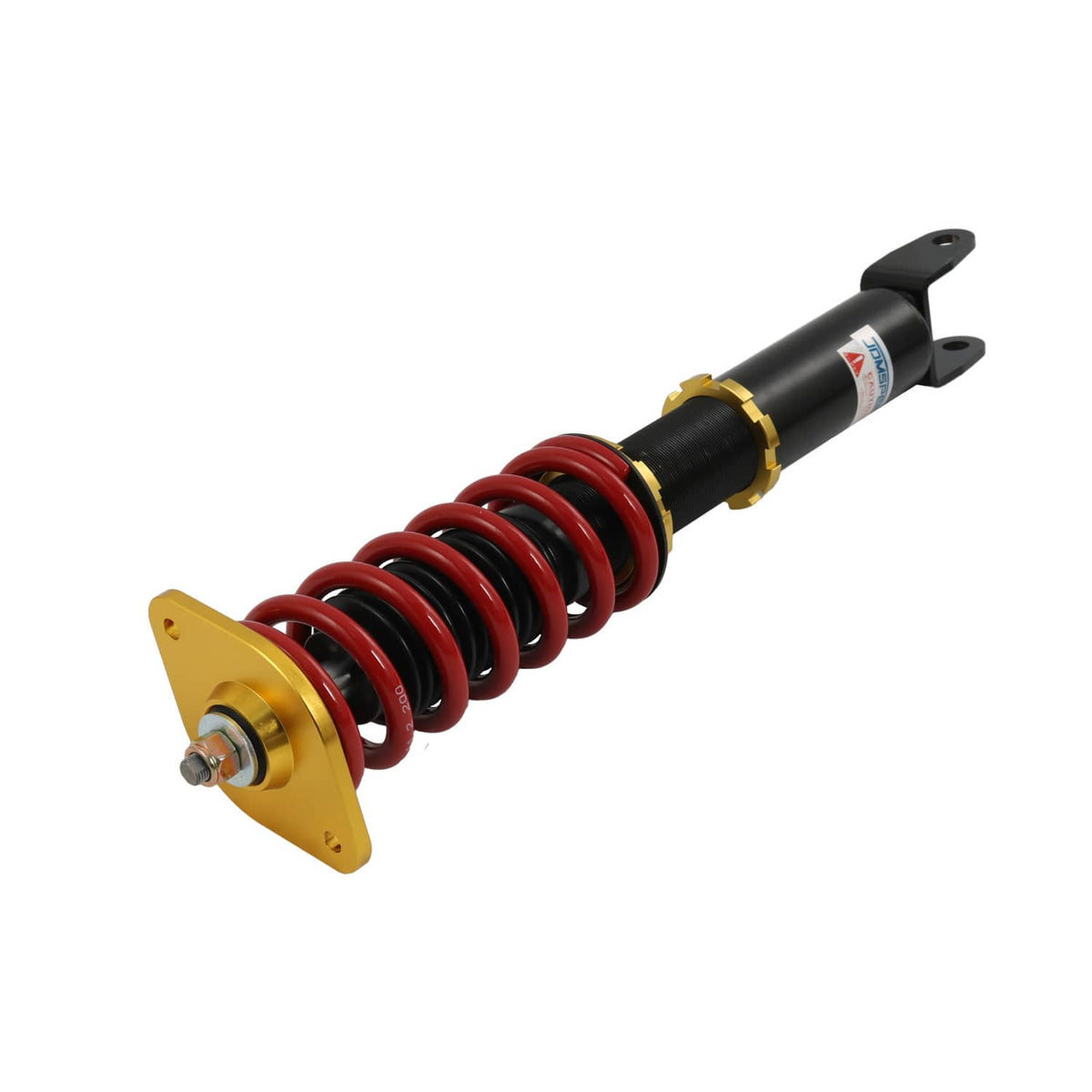 Coilover suspension strut with red coil spring, gold base plate, black frame
