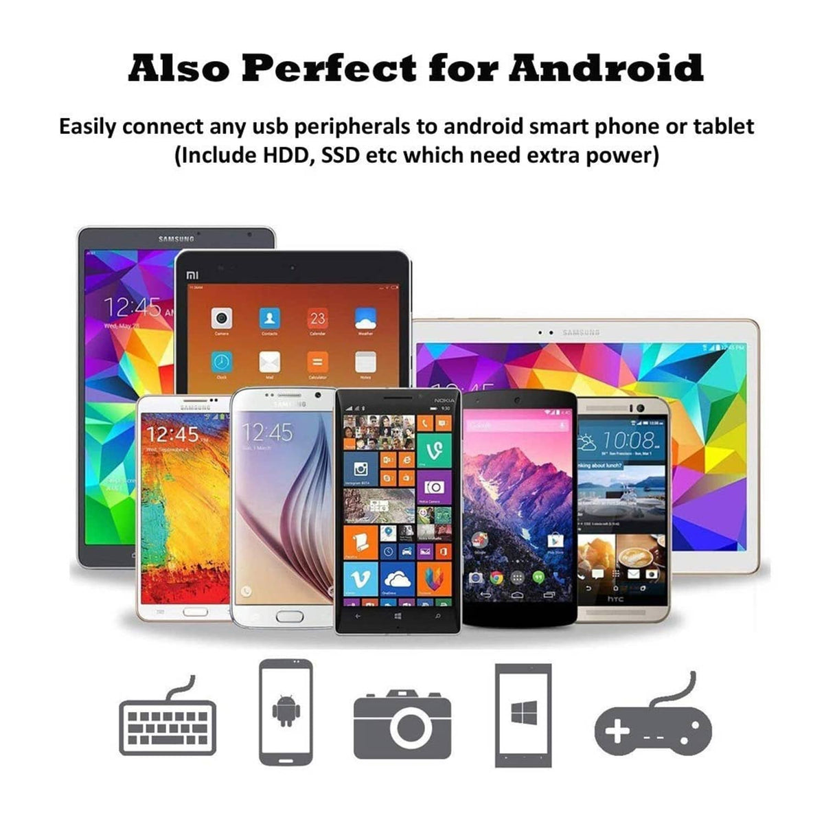 Black powered OTG adapter for connecting USB peripherals to Android devices