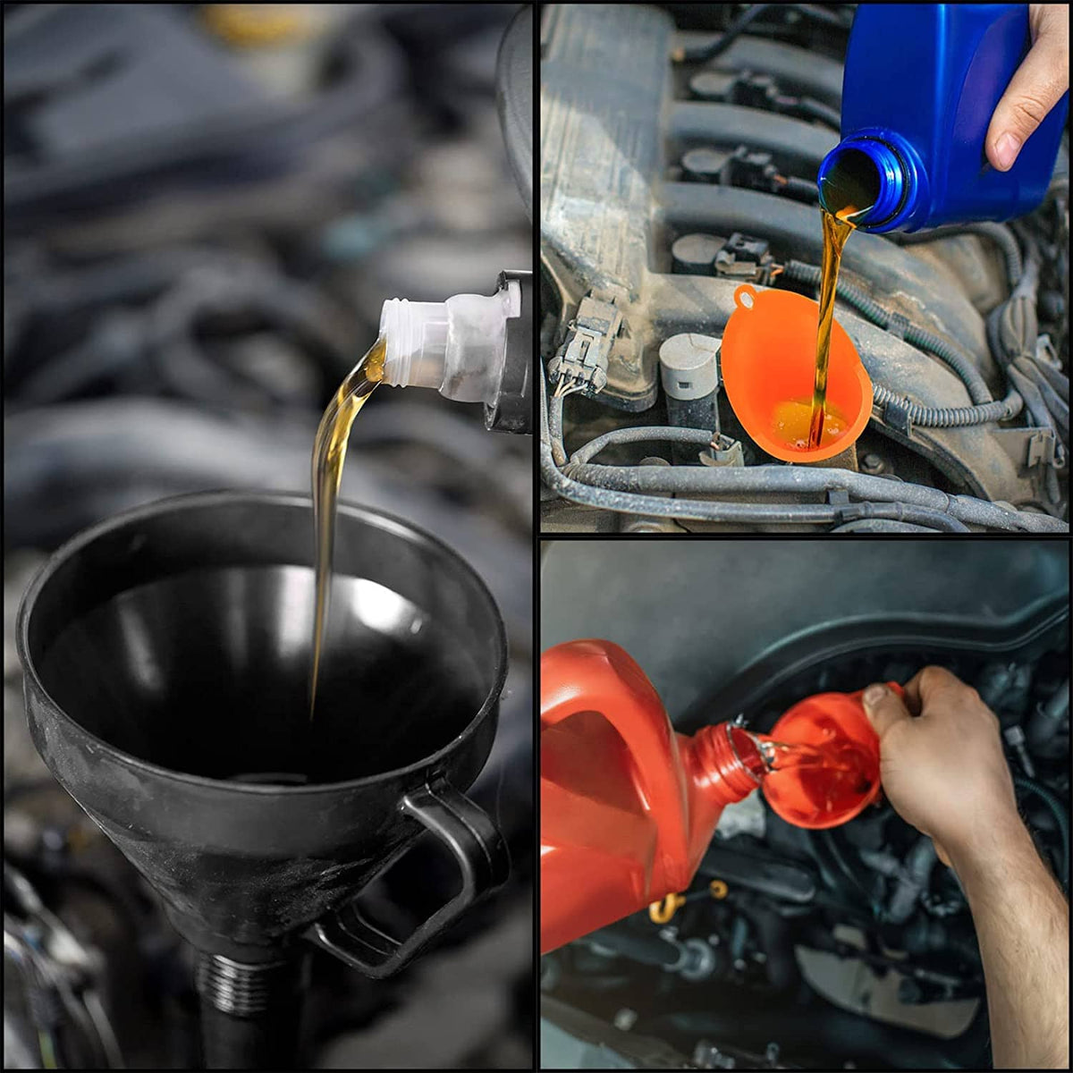 Car oil pouring using funnels: black and orange funnel options in engine bays