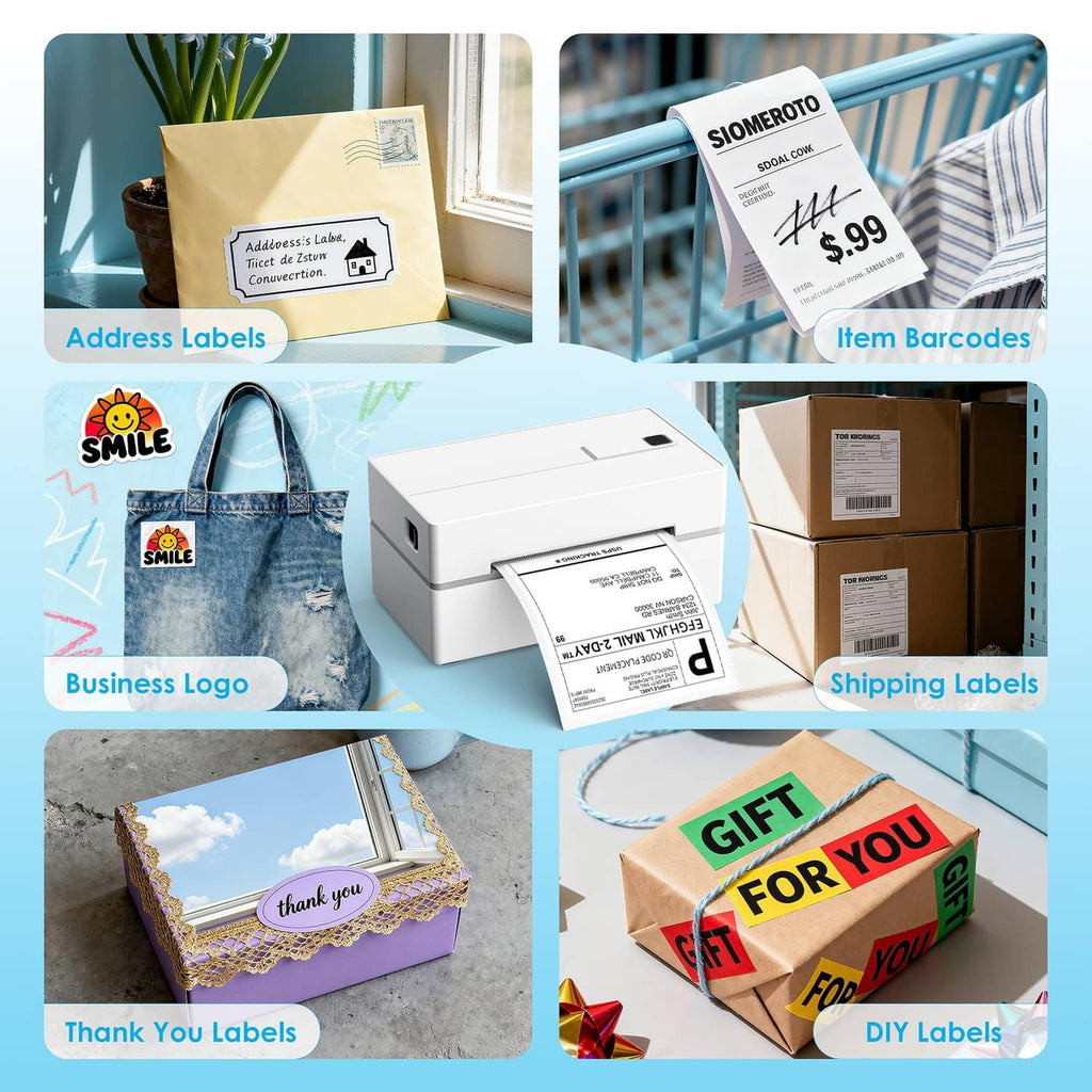 KNAON thermal label printer with sample address, shipping, and gift label designs