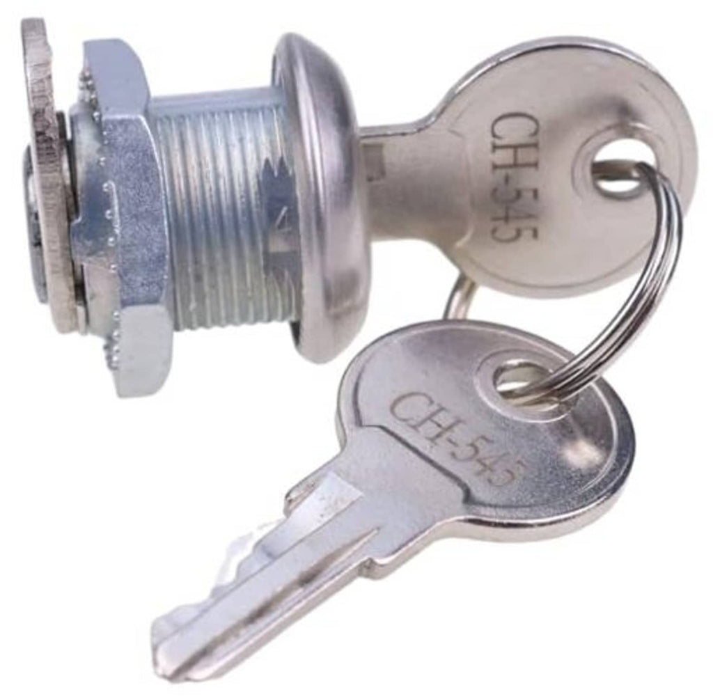Metal lock cylinder showing threaded post and 2 keys on key ring