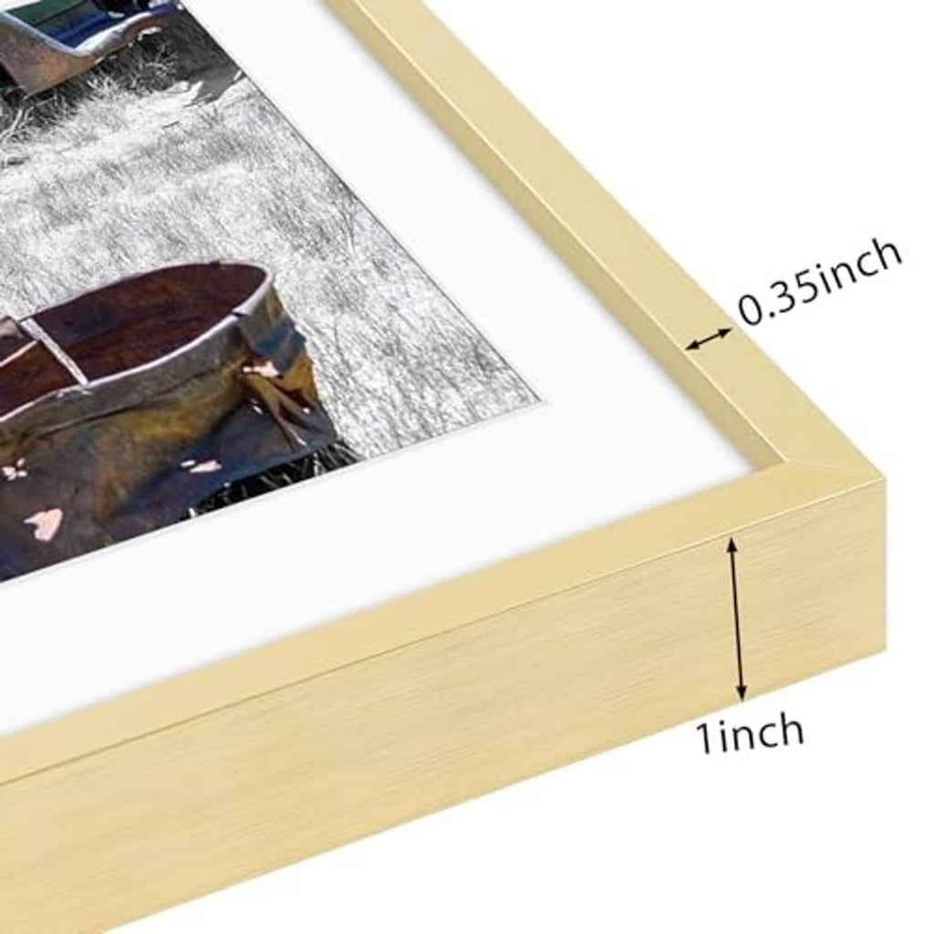 Gold frame corner close-up showing slim profile and depth