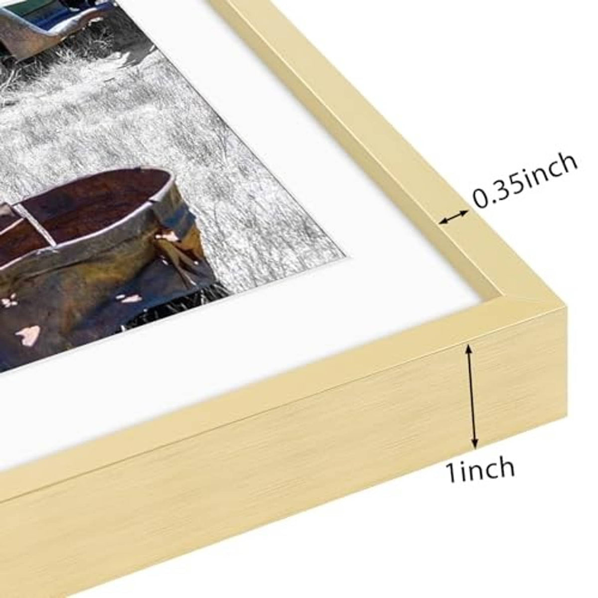 Gold frame corner close-up showing slim profile and depth
