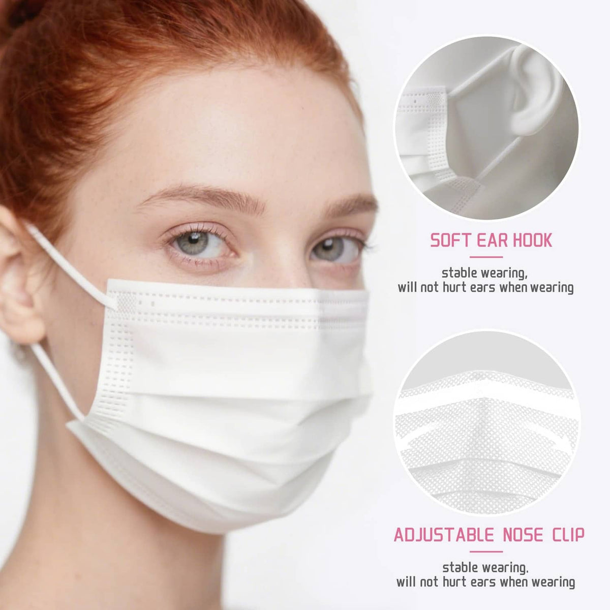 White disposable face mask on face with adjustable nose clip and soft ear hooks.