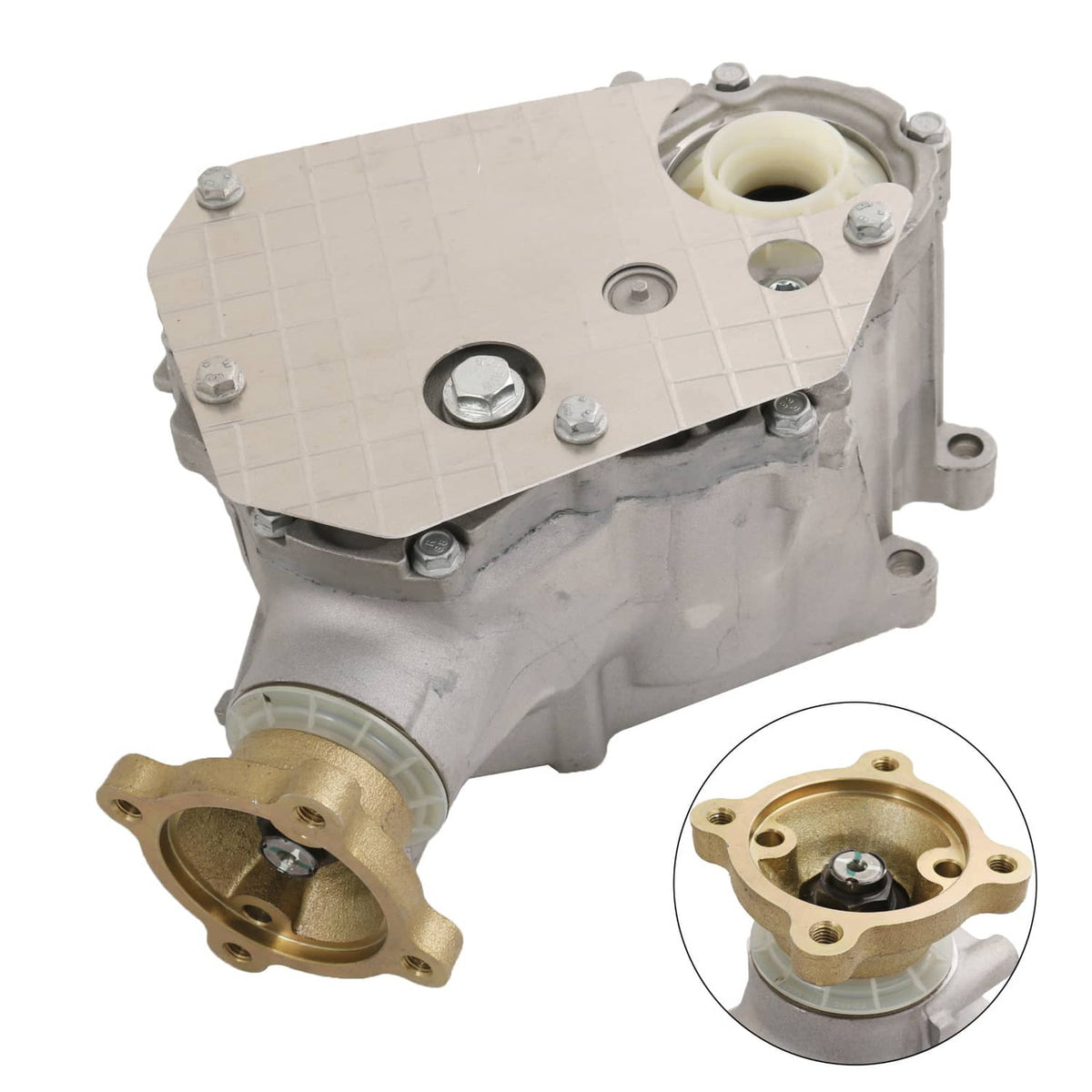 Transfer case PTO unit with heat shield cover and brass mounting flange