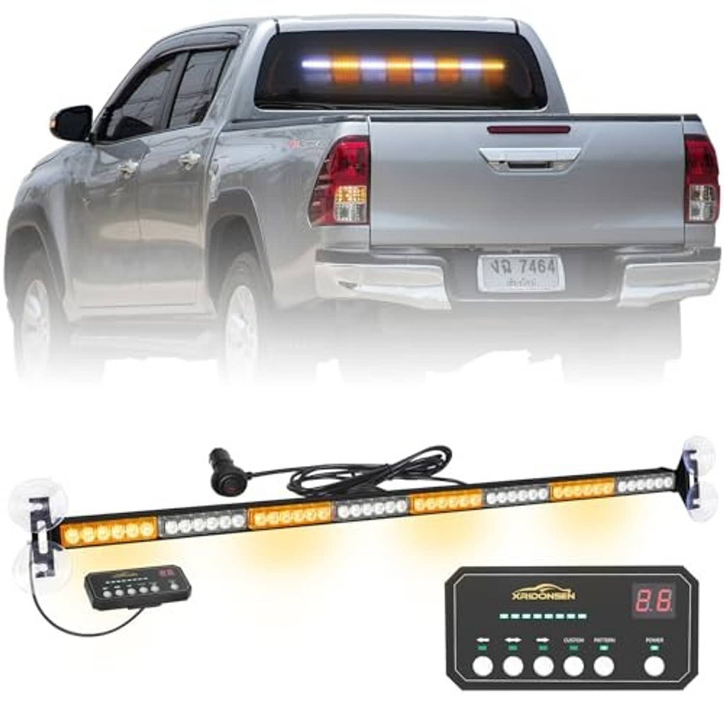 Amber and white 48-LED traffic light bar with controller, suction mounts, and cable