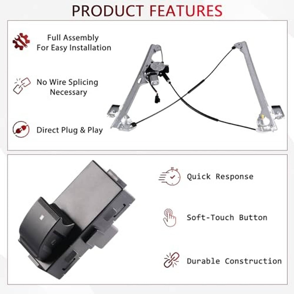 Power window regulator kit with plug-and-play design and soft-touch switch module