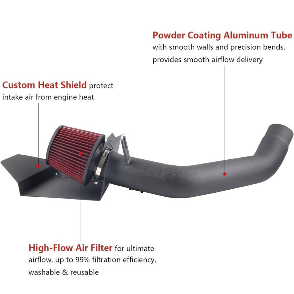Cold air intake system with red air filter cone, black heat shield, and curved tube