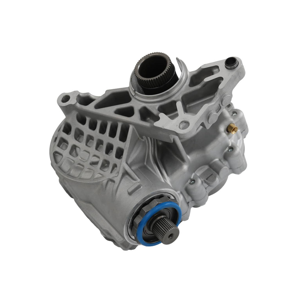 Transfer case housing with inlet/outlet opening and blue seal ring, angled view