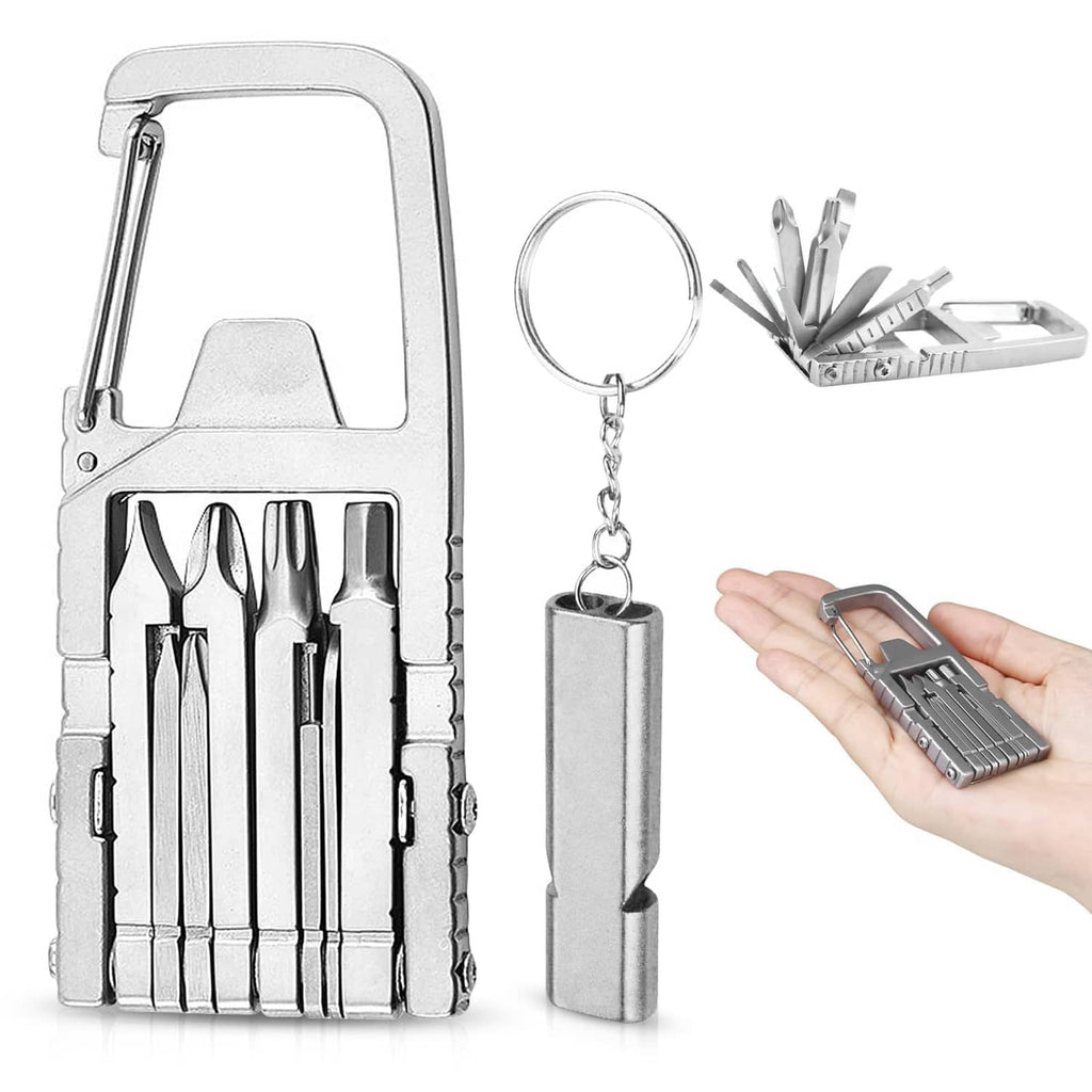 Stainless steel mini multi-tool set with keychain cylinder and folded tool in hand