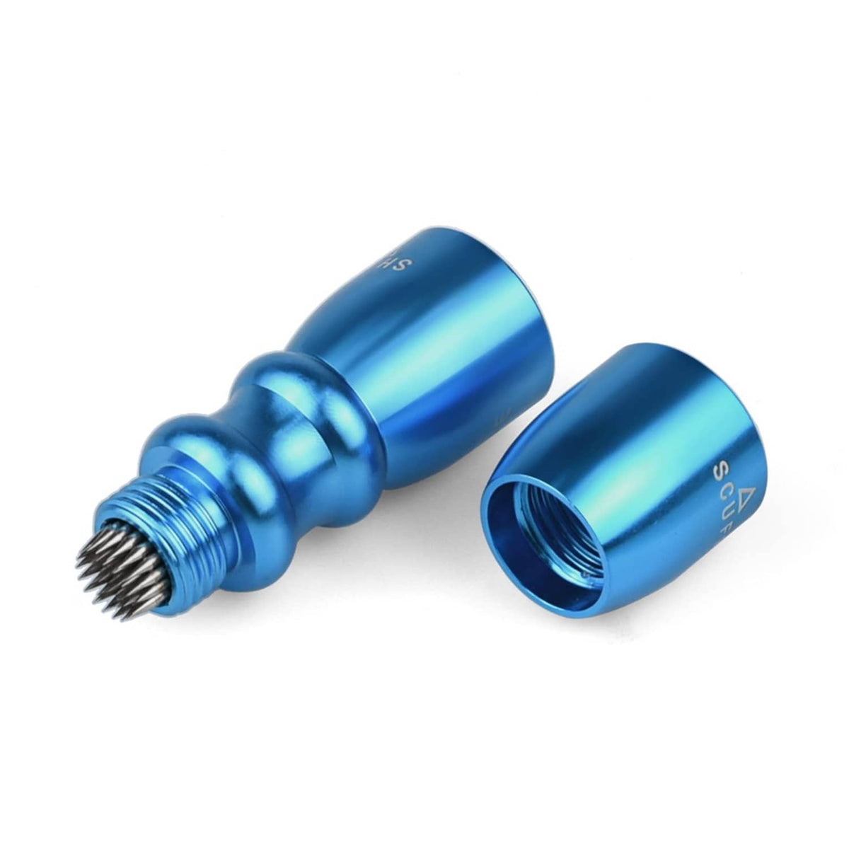 Blue cue tip shaper tool set with threaded end and capped attachment