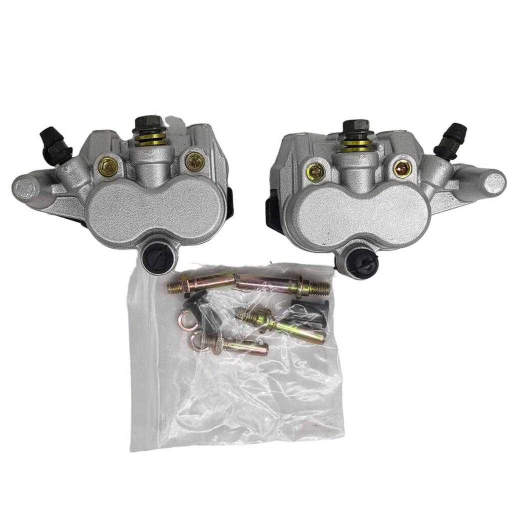Front brake caliper with hardware bag; silver body, black hose, yellow adjuster