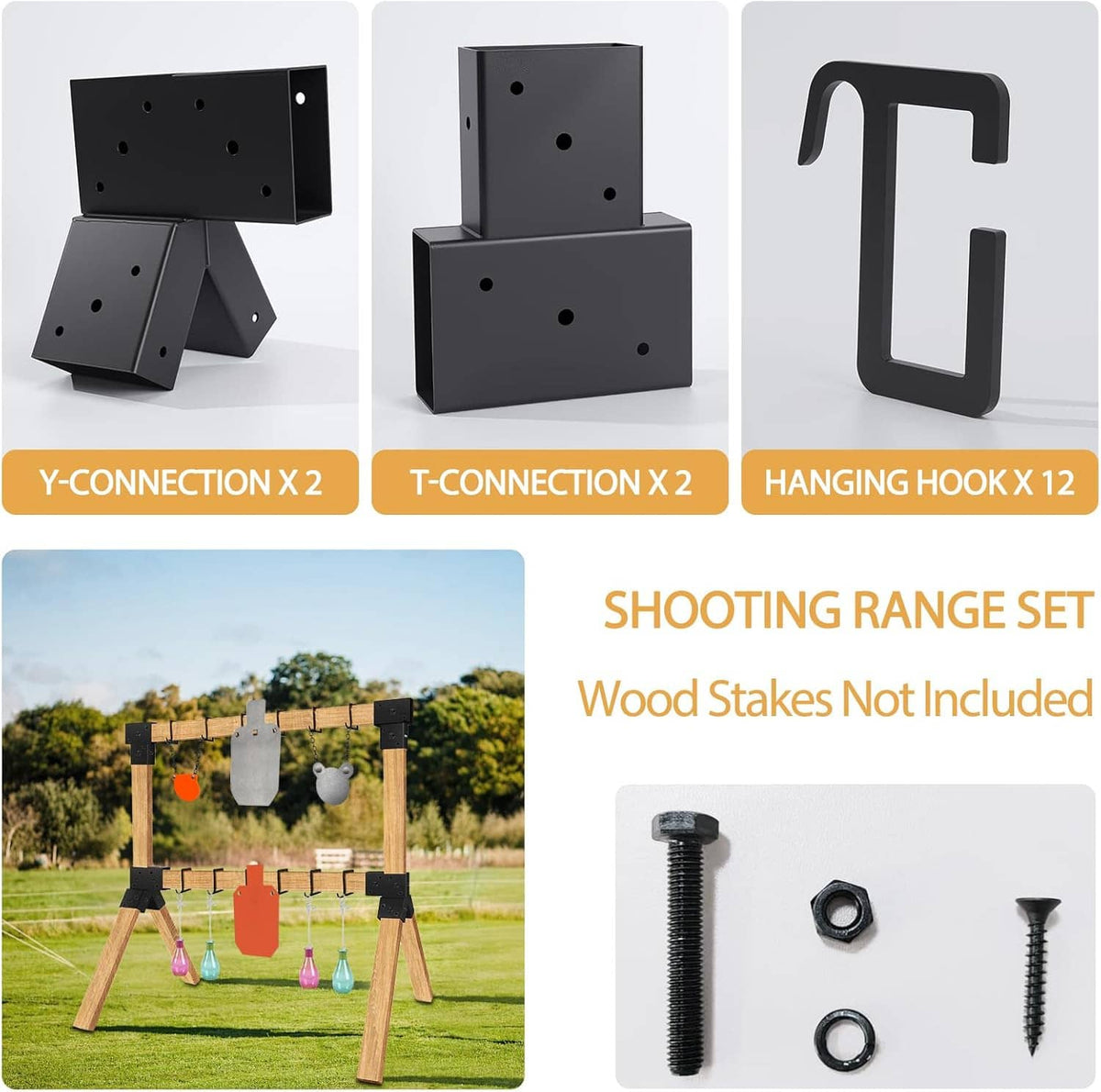 Black Y and T connector pieces with 12 hanging hooks for target stand