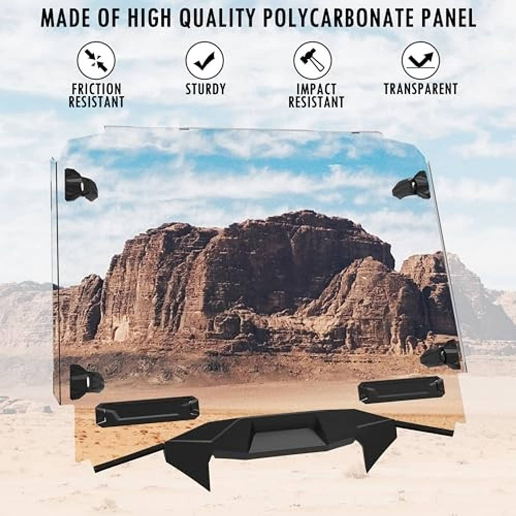 Transparent full front windshield panel set with black supports and mounting points