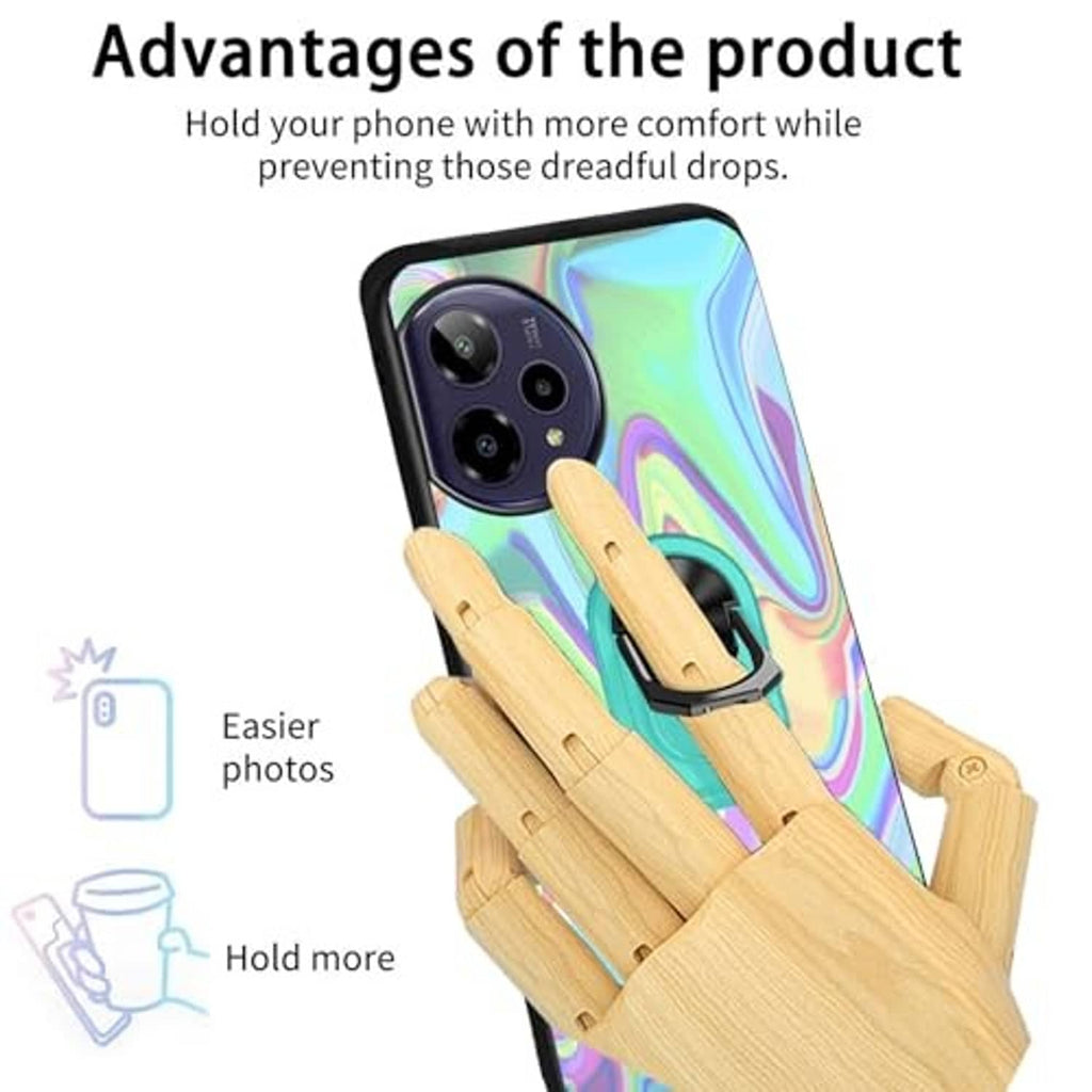 Iridescent wavy phone case with teal rotating ring stand for one-hand grip