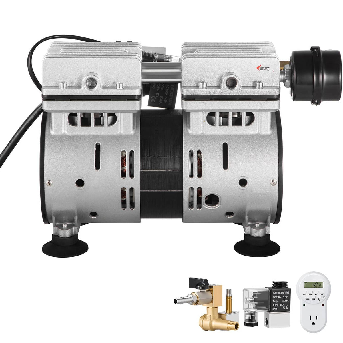 Pond aerator pump compressor with twin aluminum housings and black mounting feet