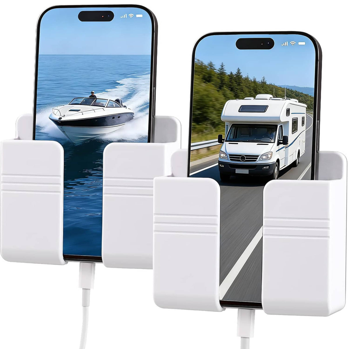 White dual-slot phone holder attached to a wall with phones displayed