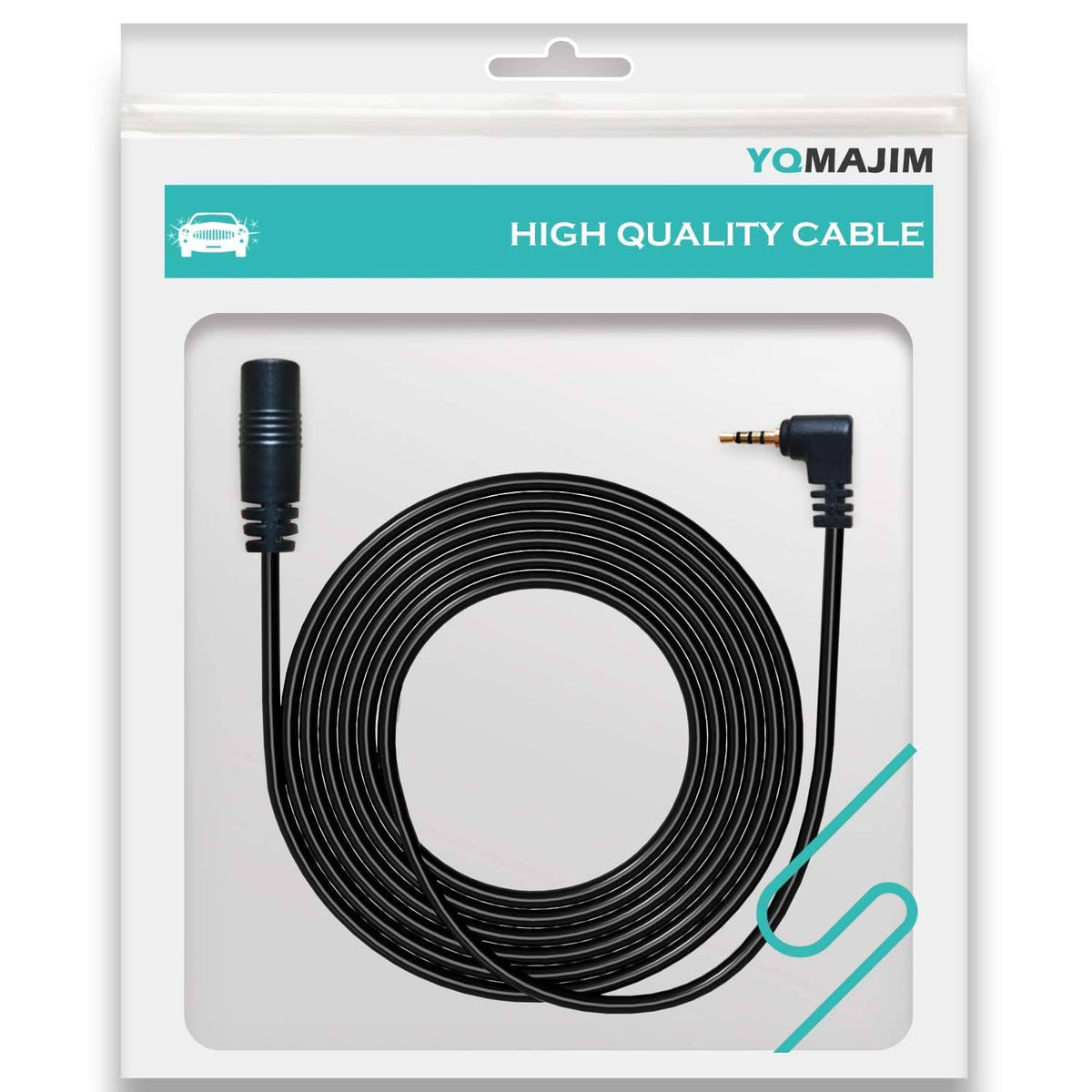 Black extension cord in retail packaging with coiled cable and plug connectors