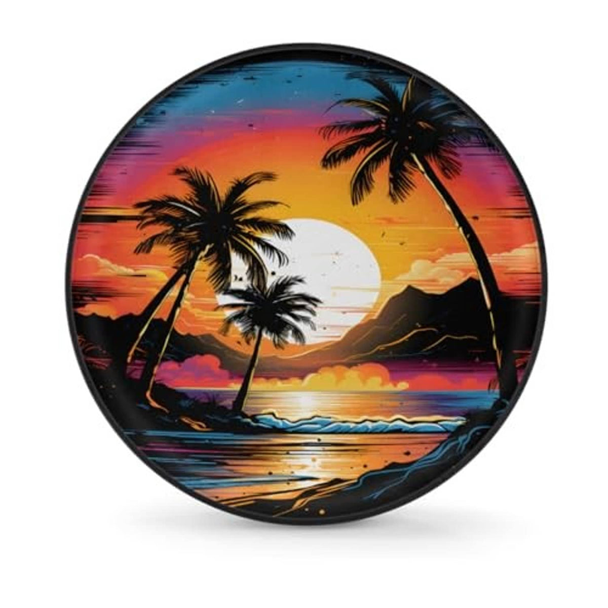 Round spare tire cover featuring palm trees, ocean sunset scene, and black border