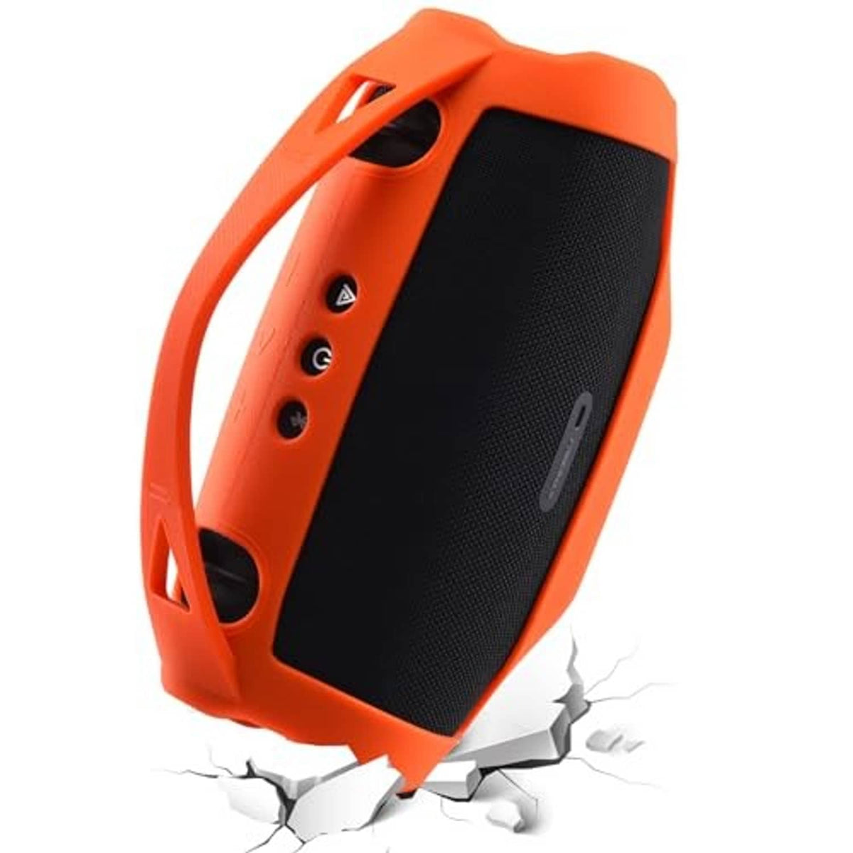Orange silicone speaker case with black speaker panel and cutouts on the side