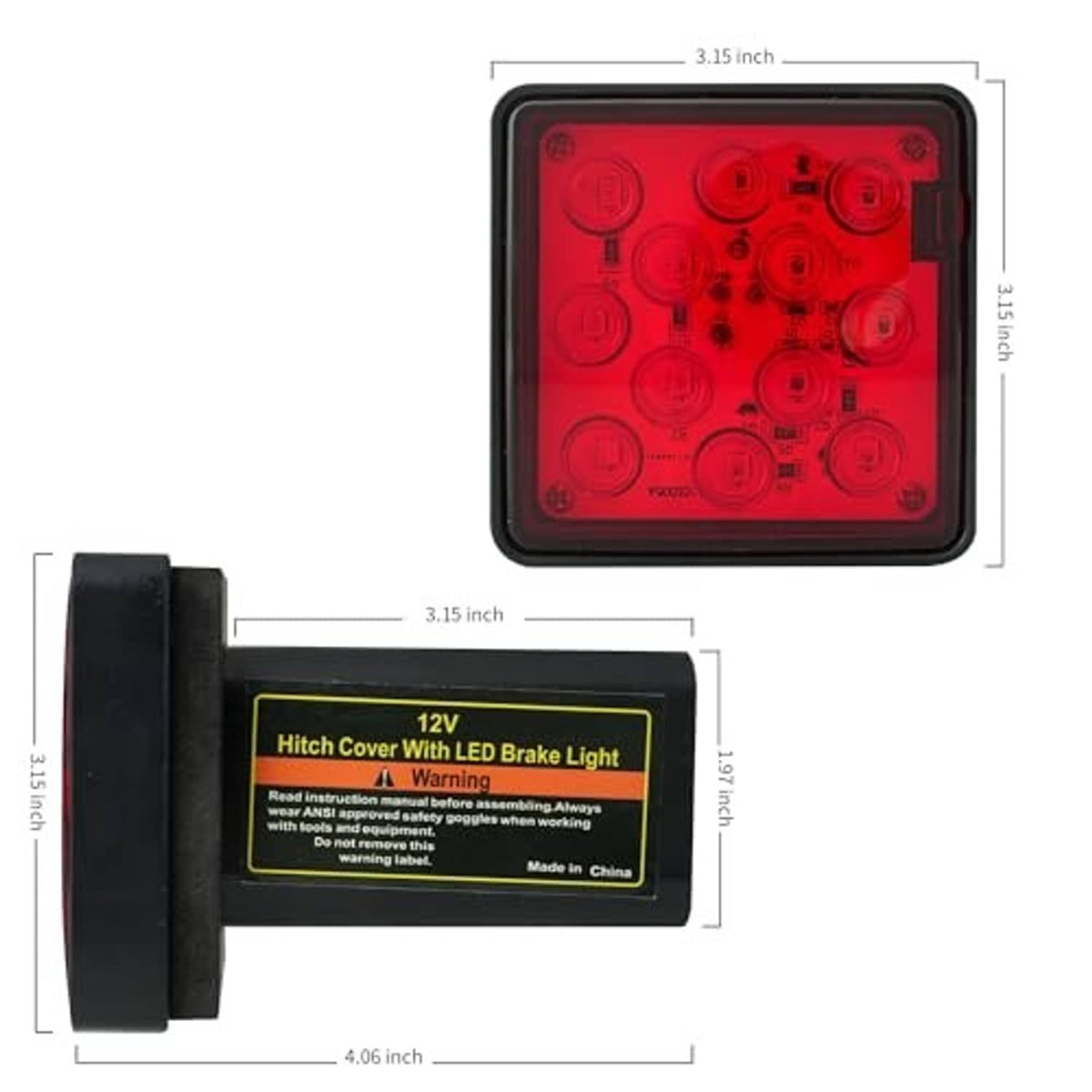 Black hitch cover brake light with red lens, side mounting bracket and 12-LED panel