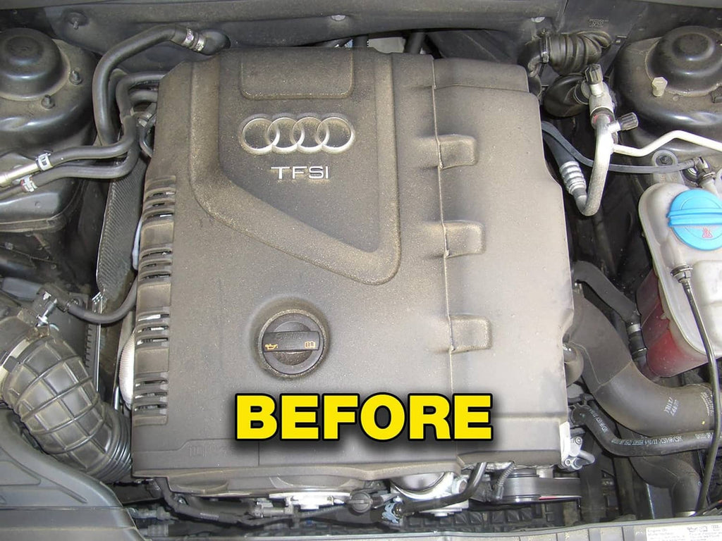 Car engine cover in bay, labeled BEFORE for cleaning