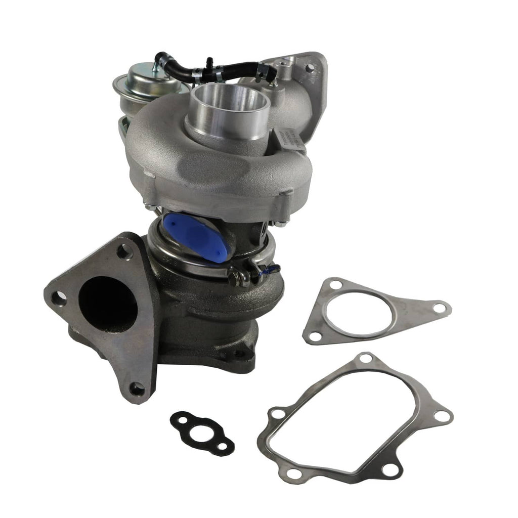 Turbocharger assembly with silver compressor housing, blue accent, and mounting gasket