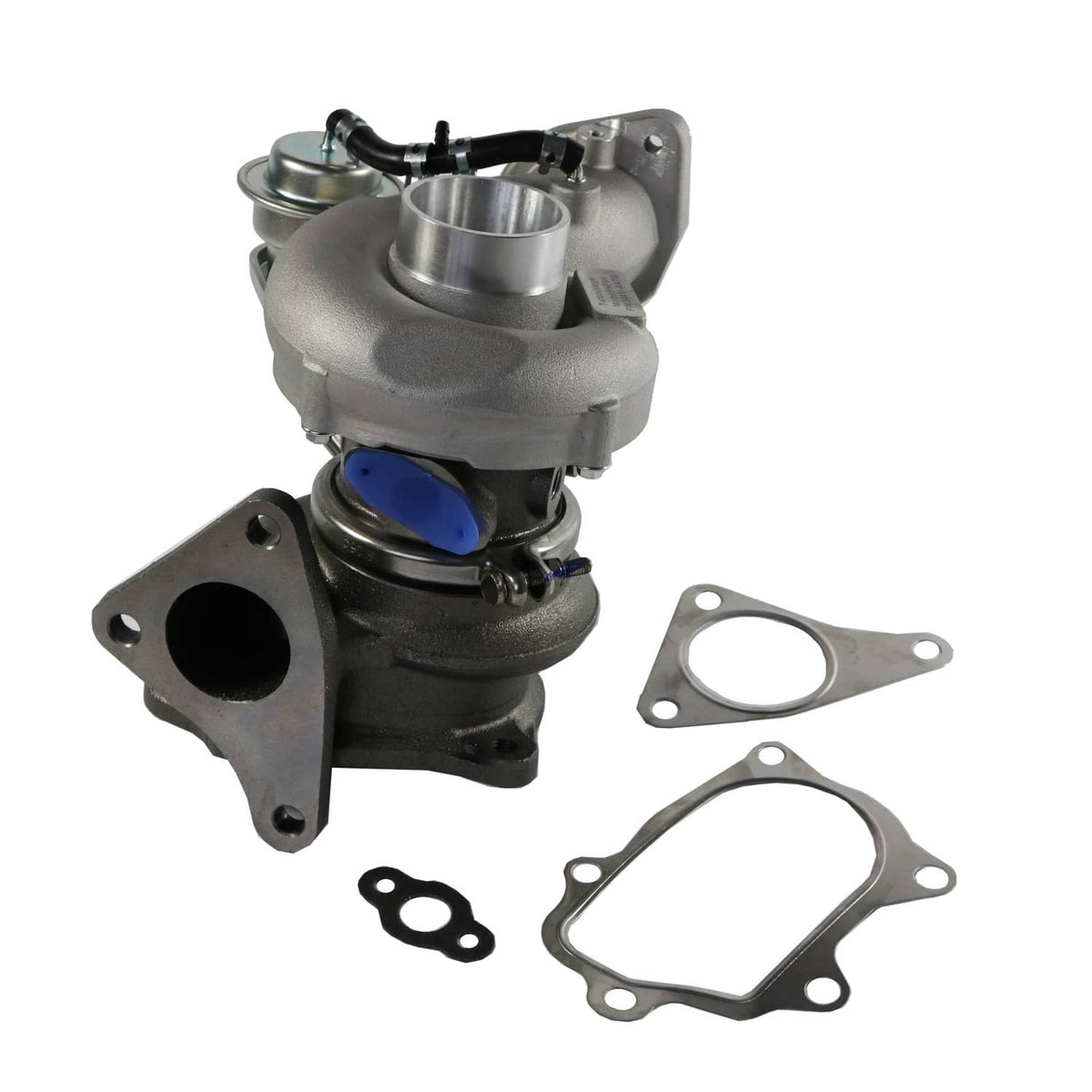 Turbocharger assembly with silver compressor housing, blue accent, and mounting gasket