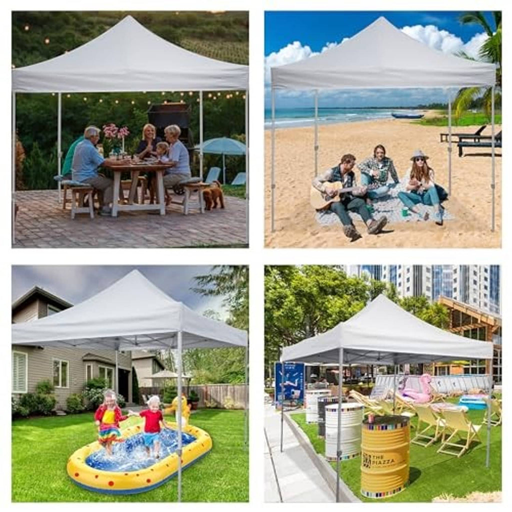 White pop-up tent canopy replacement top shown in multiple outdoor lifestyle scenes