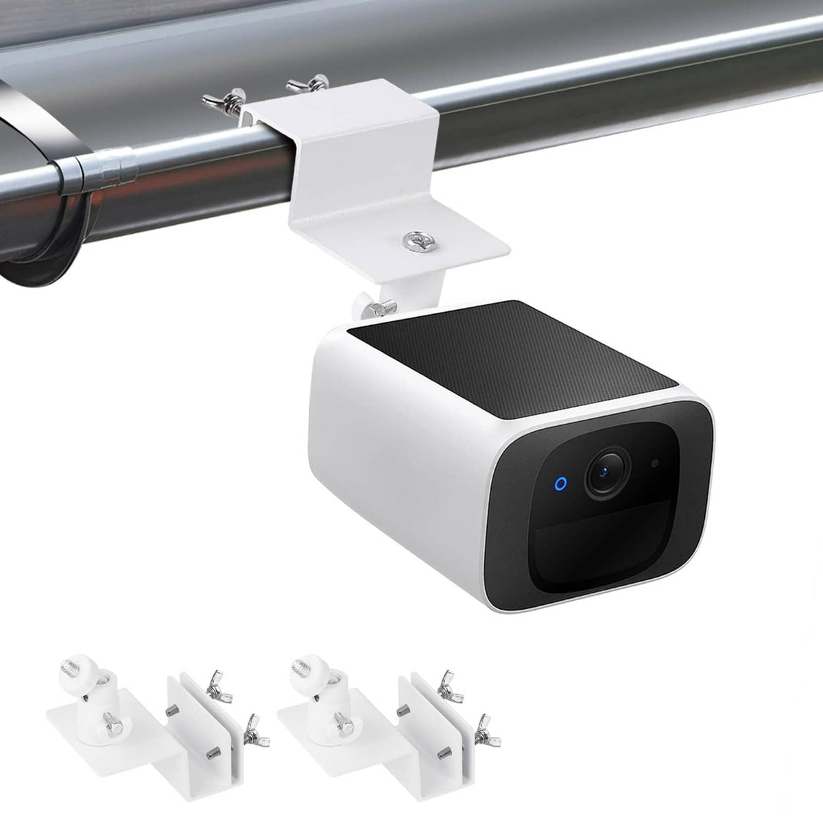 White gutter mount with camera attachment and mounting hardware, viewed at an angle