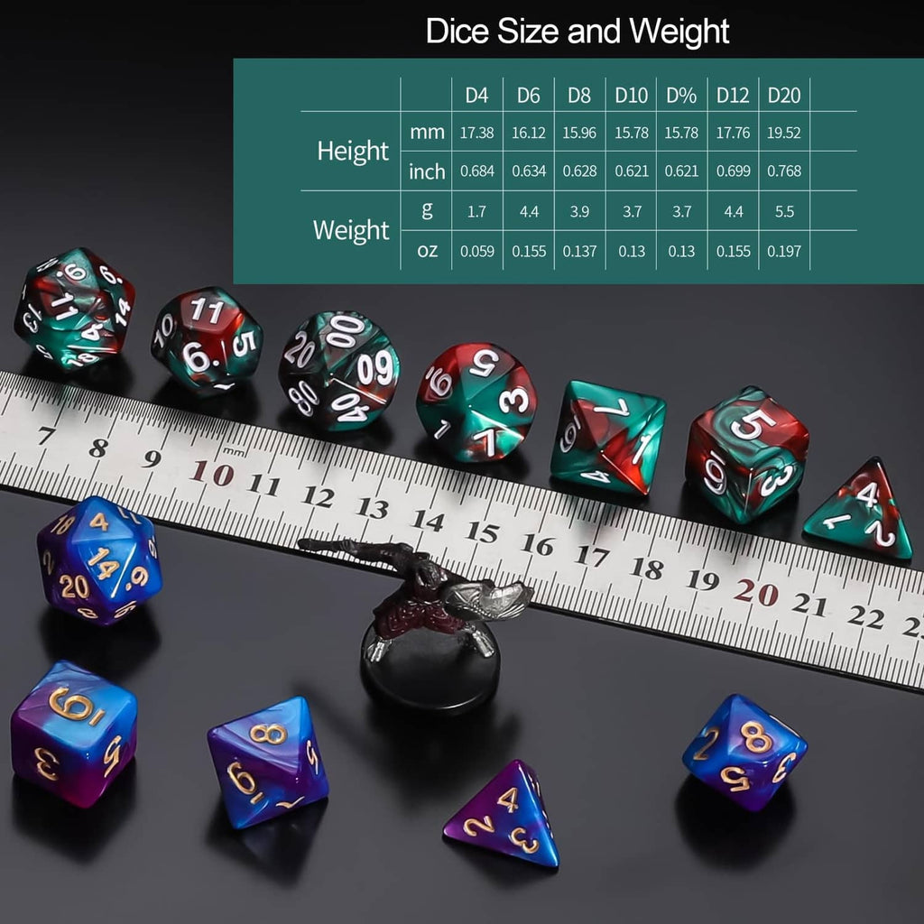 Mixed polyhedral dice beside a measuring ruler; numbered faces visible