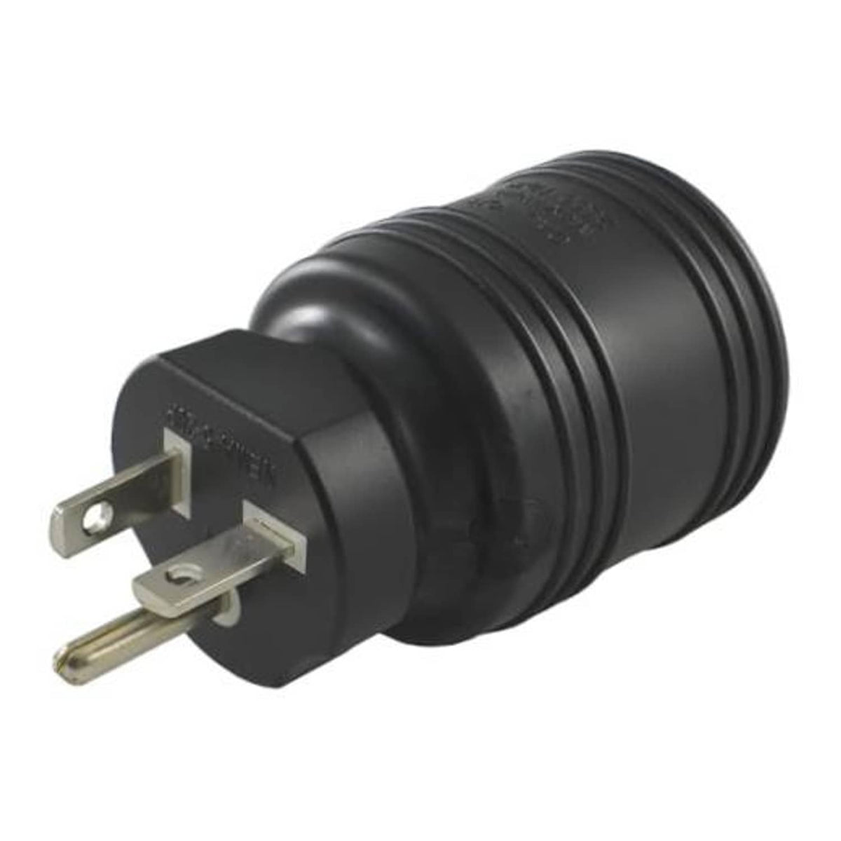 Black plug adapter with two flat prongs and round grounding pin
