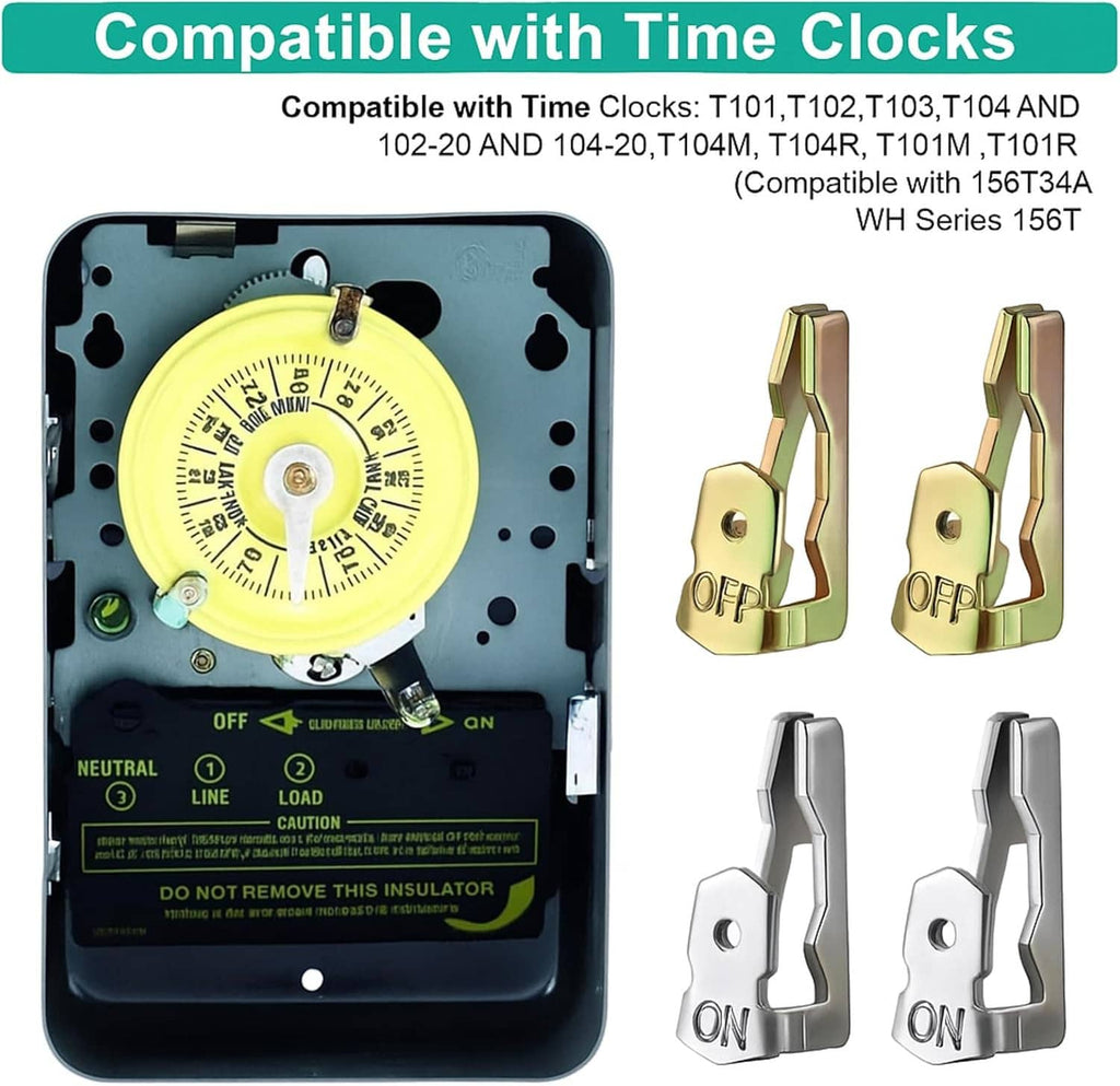 Time clock base with yellow dial and attached silver ON and gold OFF tripper clips