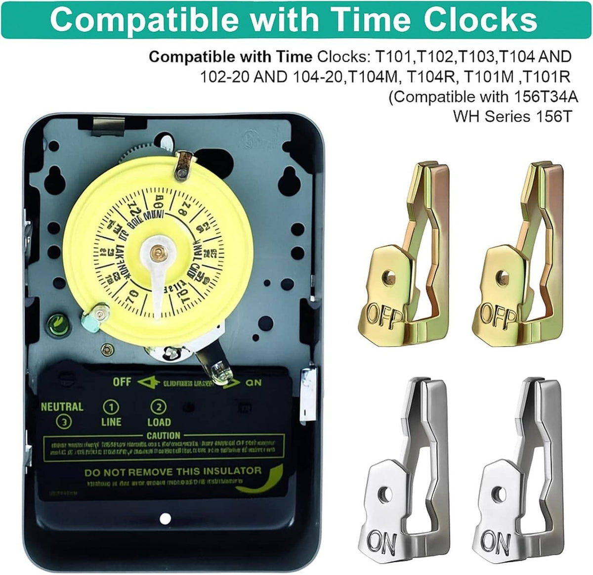 Time clock base with yellow dial and attached silver ON and gold OFF tripper clips