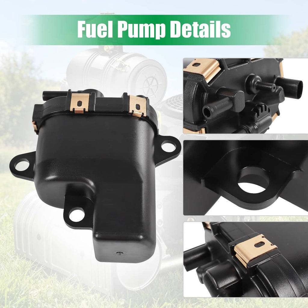 Black fuel pump module detail view with copper terminals and side port fittings
