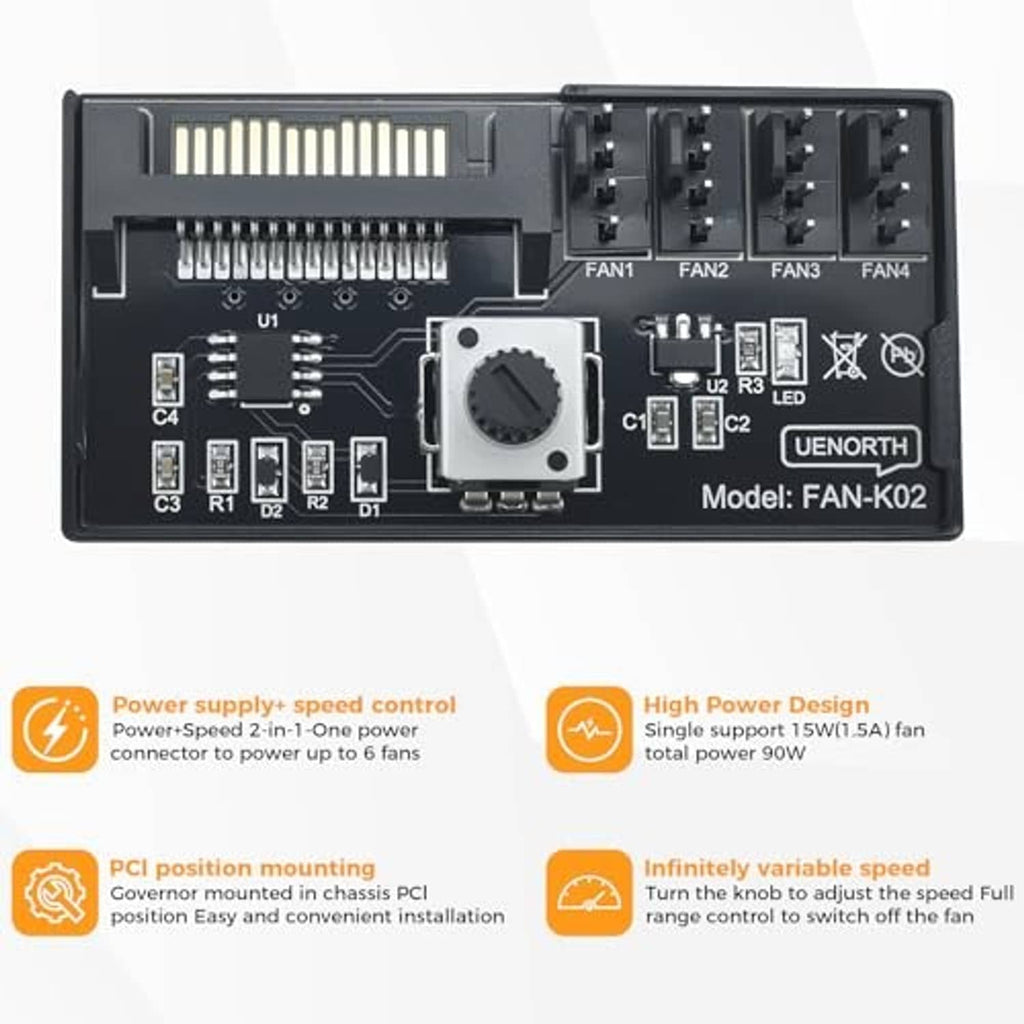 PC PWM fan speed controller board with speed knob, PCI-style mounting, and four 4-pin ports