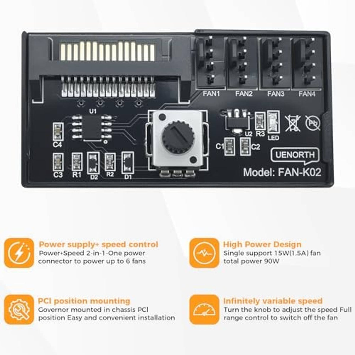 PC PWM fan speed controller board with speed knob, PCI-style mounting, and four 4-pin ports
