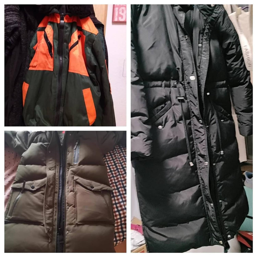 Black two-way separating zipper on puffer jackets, visible center seam