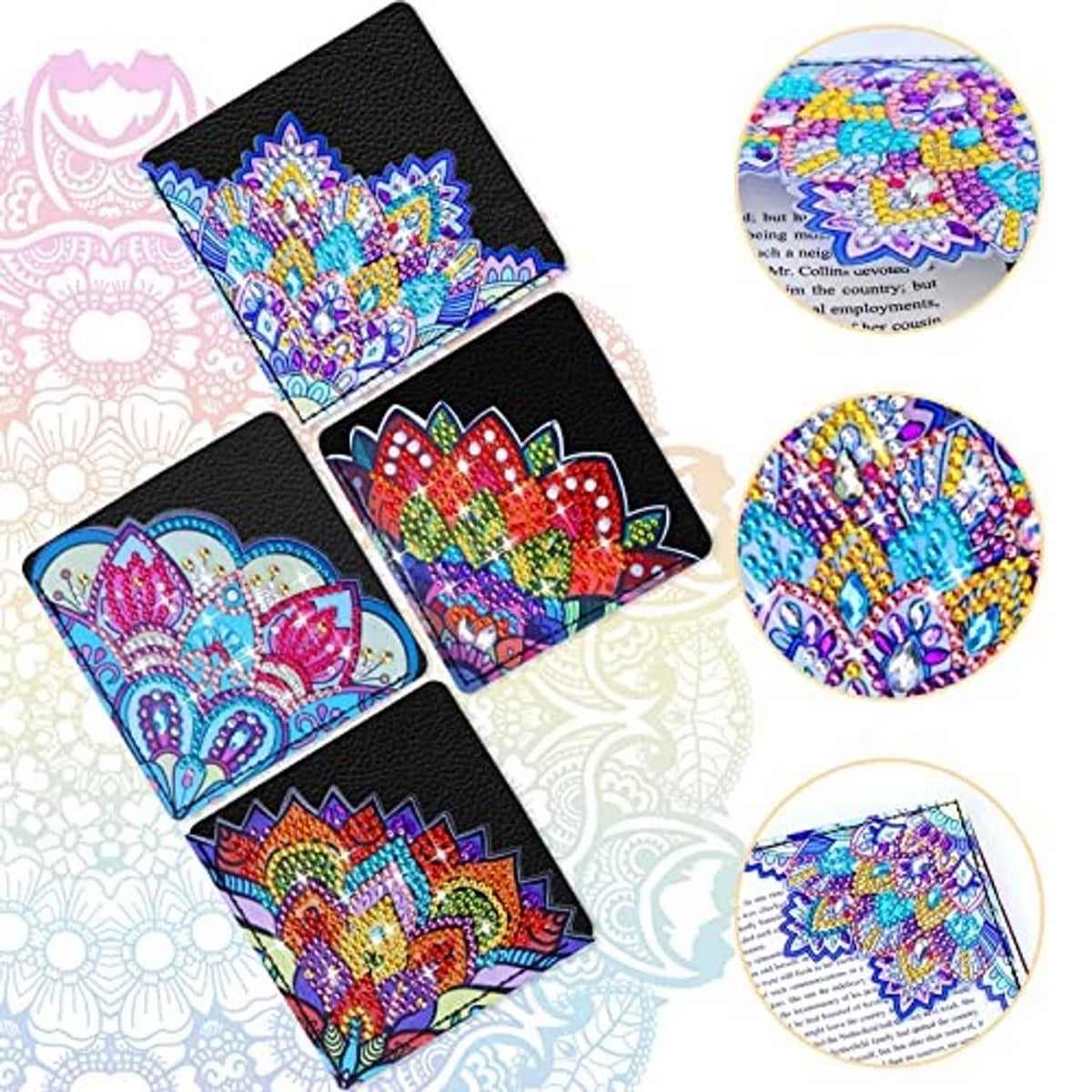 Four diamond art bookmarks featuring bright mandala designs on black fabric backing