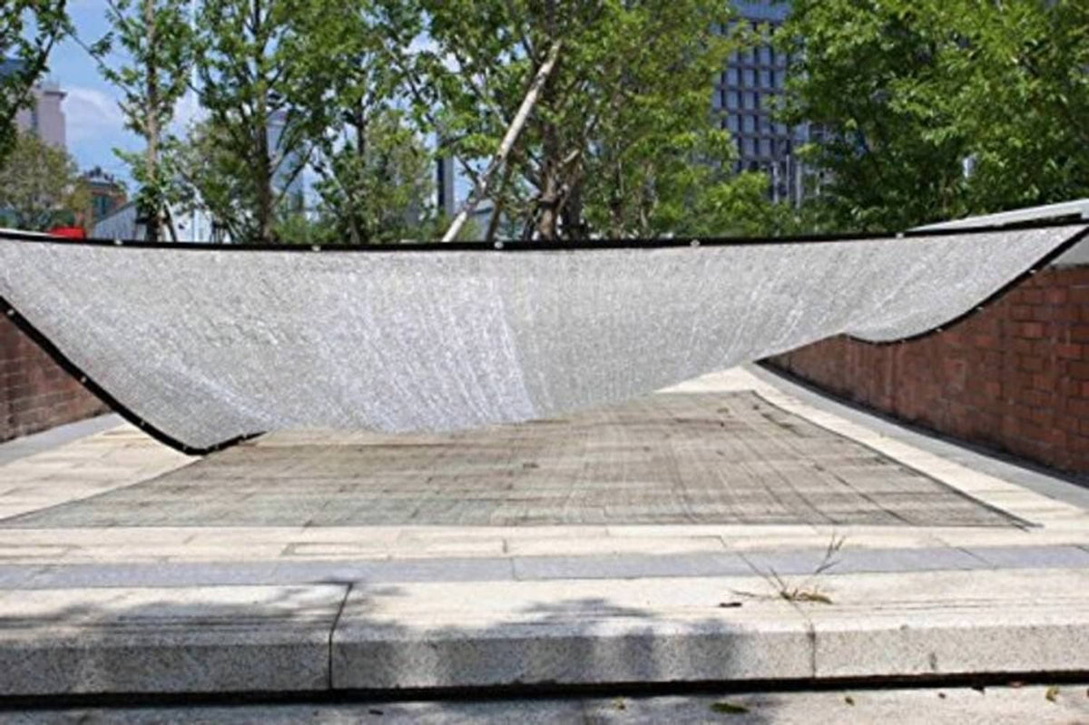 Installed aluminum shade cloth canopy with silver mesh and black border