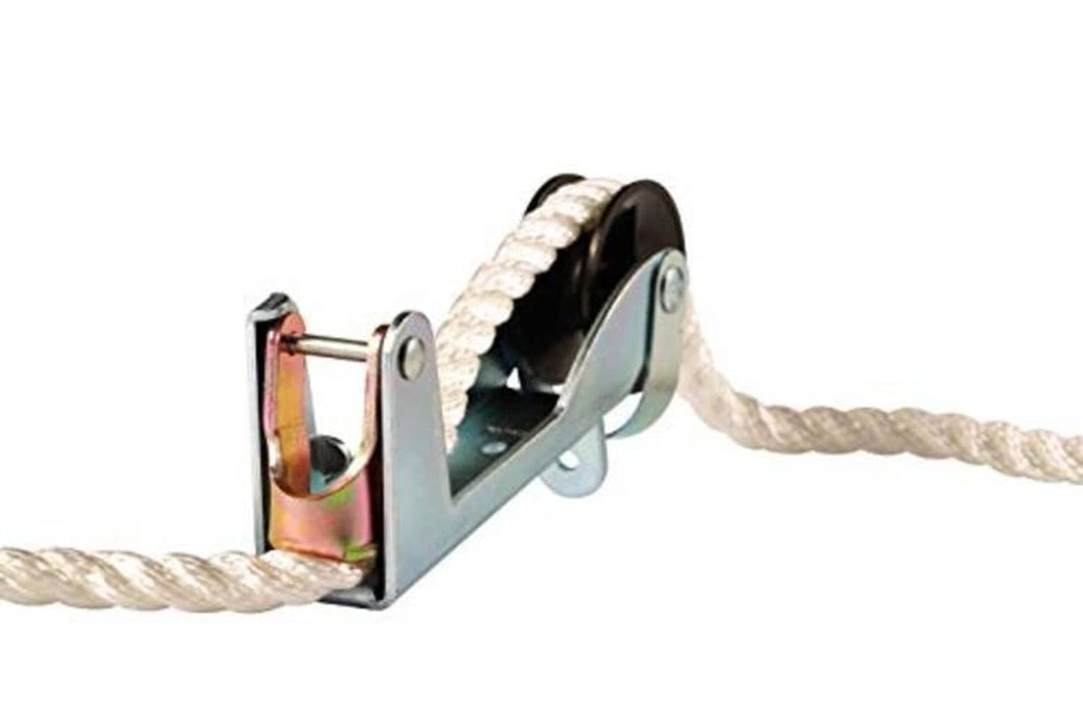 Compact anchor line control with zinc hardware, rope, and black pulley assembly