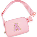 Peach crossbody pouch bag with adjustable strap and glitter letter A patch