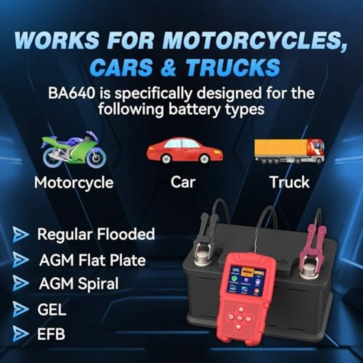 Red handheld battery tester with color screen and attached test leads