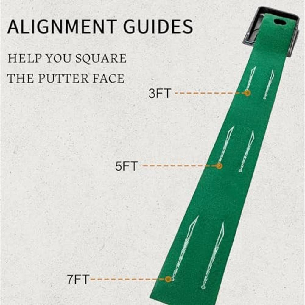 Green golf putting mat with alignment guides and distance markers along the play lane