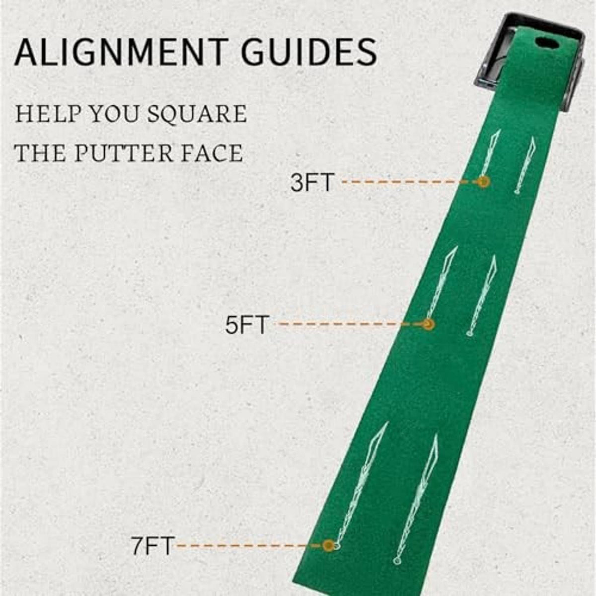 Green golf putting mat with alignment guides and distance markers along the play lane